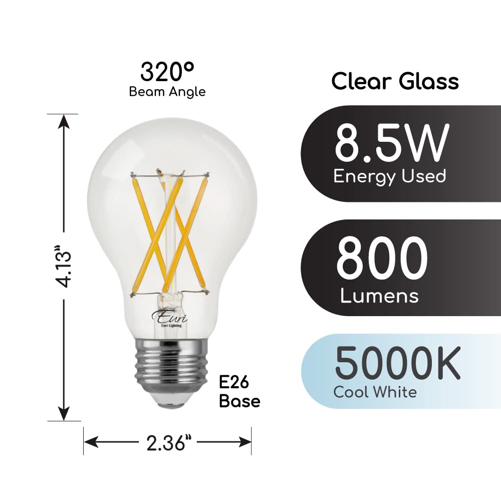 Euri Lighting VA19-3050cec, Dimmable LED A19, 8.5W (60W Equiv.) 800lm, 90+ CRI, Cool White (5000K), 320° Beam, E26, Wet Rated, UL, E-Star, CEC, JA8