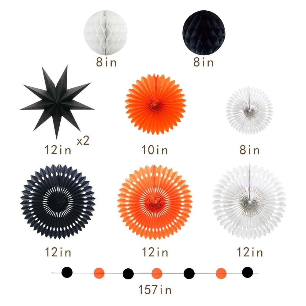 ADLKGG Orange White Black Halloween Decorations, Hanging Tissue Paper Fans Circle Garland Paper Lanterns for Graduation Wedding Anniversary Birthday