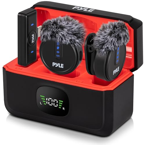 Pyle Wireless Lavalier Microphone System | Noise-Canceling Clip-On Mic with Magnetic Mount, 8H Battery, Charging Case, Windscreens | USB-C Plug & Play