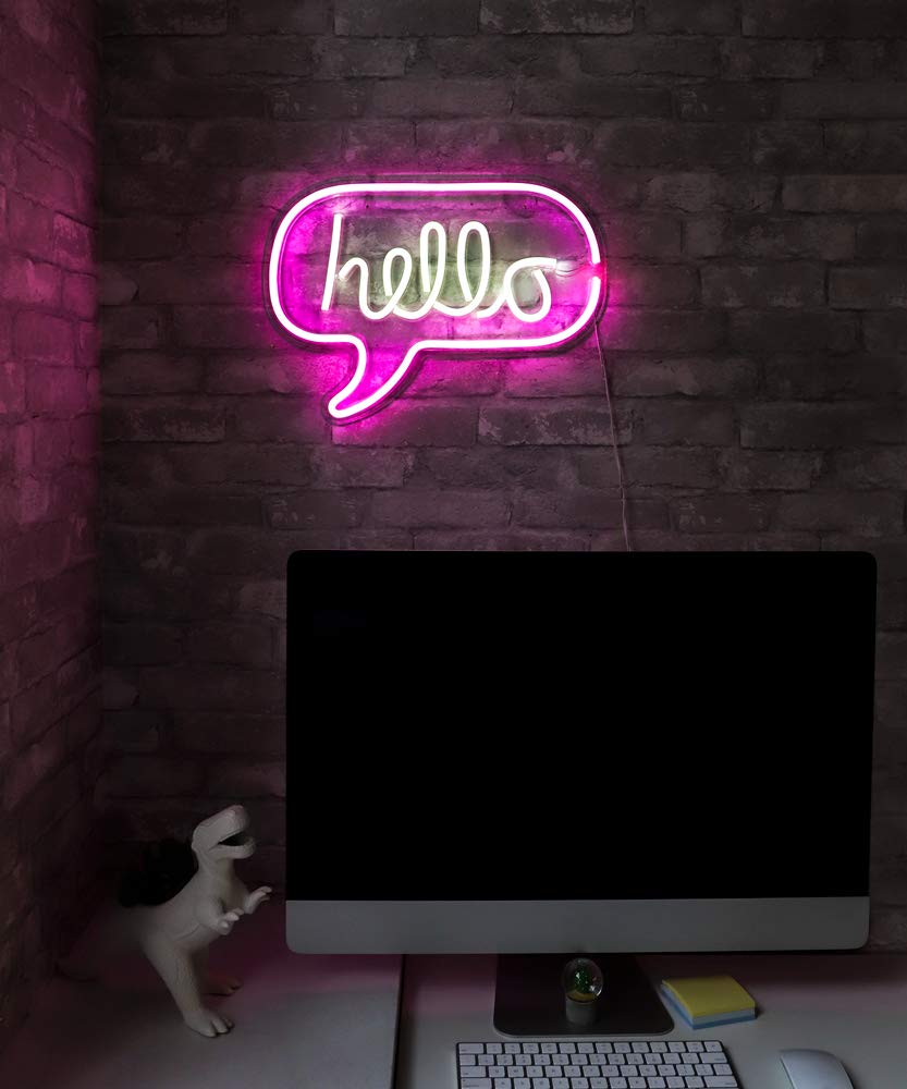Isaac Jacobs 17” x 12” inch LED Neon ‘White & Pink “hello” Word Bubble’ Wall Sign for Cool Light, Wall Art, Bedroom Decorations, Home Accessories