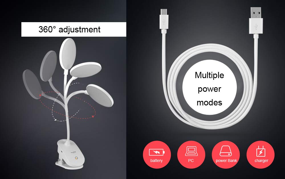 BIFULDYO Led Clip Reading Lights,Daylight 18 LEDs Book Lights,3 Brightness,USB Rechargeable,Built-in 1200mAh Battery,Touch Switch,Flexible Gooseneck