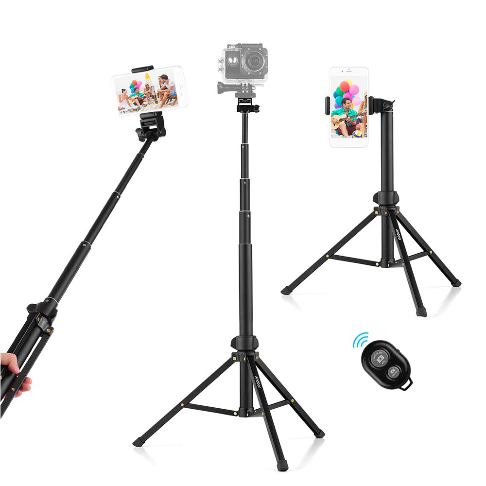 Andoer Selfie Stick Tripod 1.5m/59in Tripod Stand + Extendable Selfie Stick Aluminum Alloy with Phone Holder Remote Shutter Compatible with iPhone
