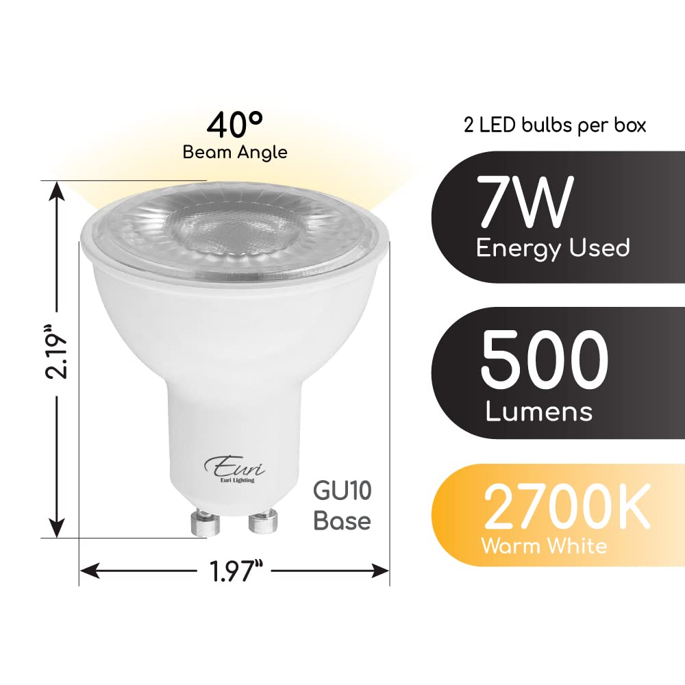 Euri Lighting EP16-7W5020eG-2 Dimmable LED PAR16, GU10 Base, 7W (50W Equal) 500lm, Warm White (2700K), 80CRI, 40° Angle, Damp Rated, UL, Energy Star