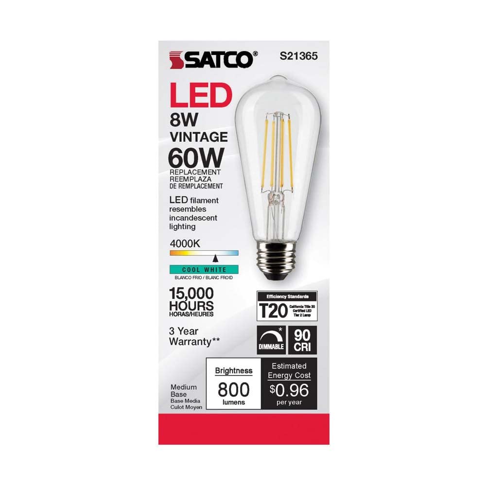 Satco 8W ST19 LED Clear Light Bulb, Cool White, E26 Base, 6 Pack