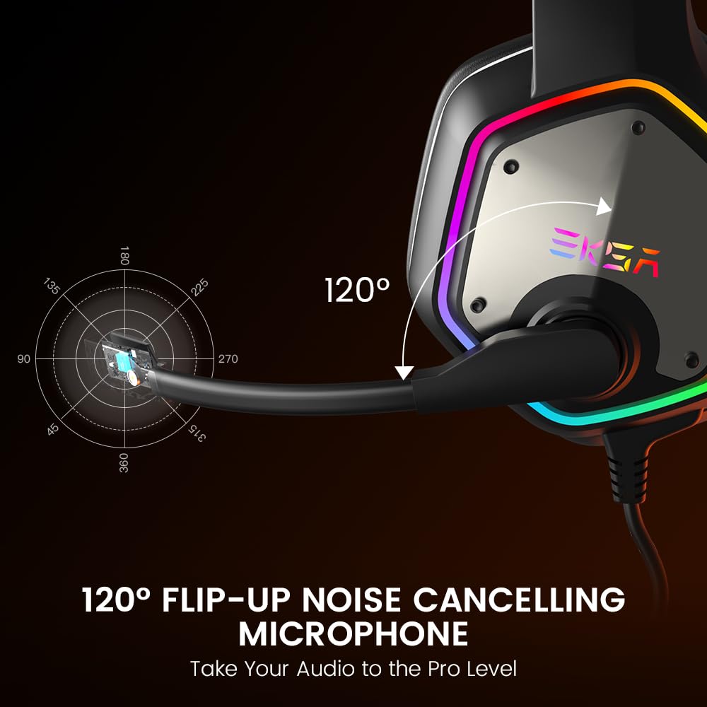 EKSA E1000 USB Gaming Headset for PC, Computer Headphones with Microphone/Mic Noise Cancelling, 7.1 Surround Sound, RGB Light - Wired Headphones
