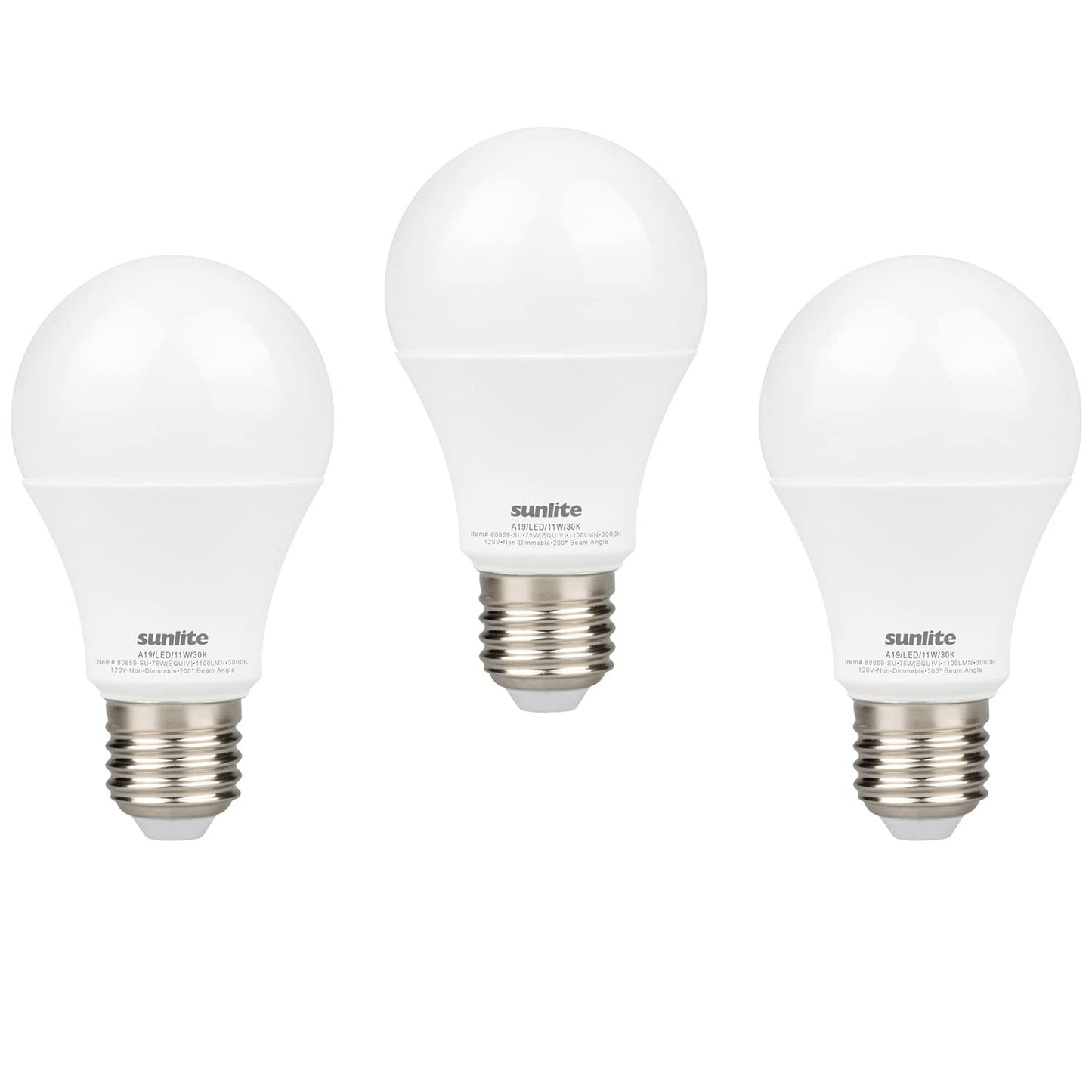 Sunlite 80859-SU LED A19 Light Bulb, Non-Dimmable 12 Watt (75W Equivalent), 1100 Lumens, Medium (E26) Base,ETL Listed, 3000K Warm White, 3 Count
