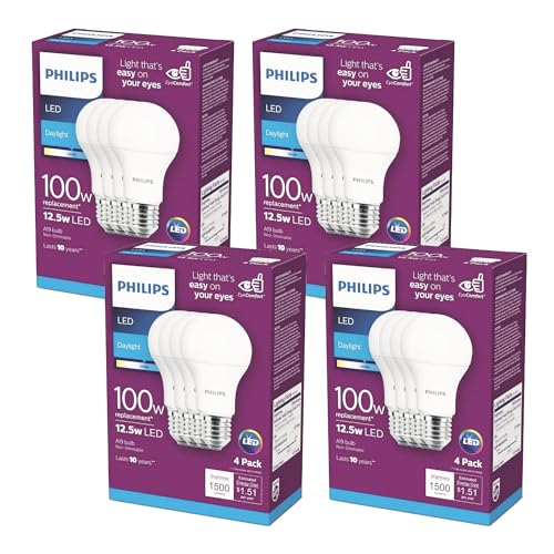 PHILIPS LED Basic Frosted Non-Dimmable A19 Light Bulb - EyeComfort Technology - 1500 Lumen - Daylight (5000K) - 13.5W=100W - E26 Base - Old Version