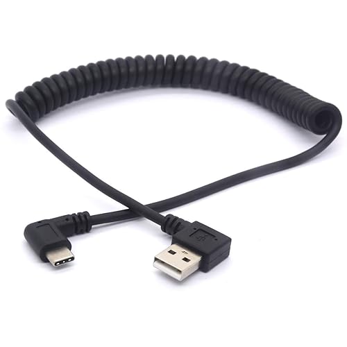 GLHONG Coiled USB C Cable, Right Angle USB 2.0 to USB C Extension Cord 90 Degree USB C Adapter Lead (USB 2.0 Right)