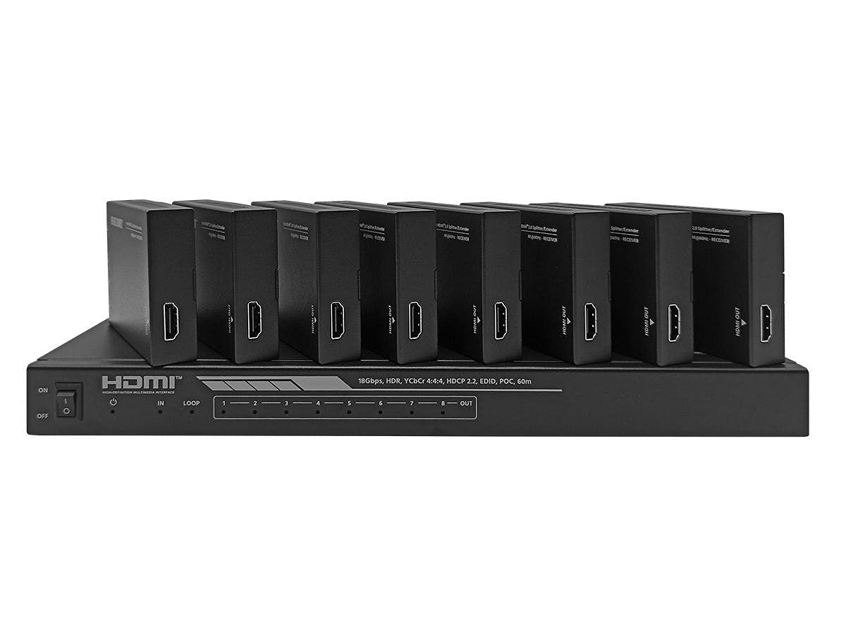 Monoprice 4K HDMI 2.0 1x8 Splitter Extender Kit - Up to 60 Meters 4K@60Hz, 18Gbps, HDR10, HDR10+, Dolby Vision, Hyper Log‑Gamma, HDCP 2.2, HDMI Loop