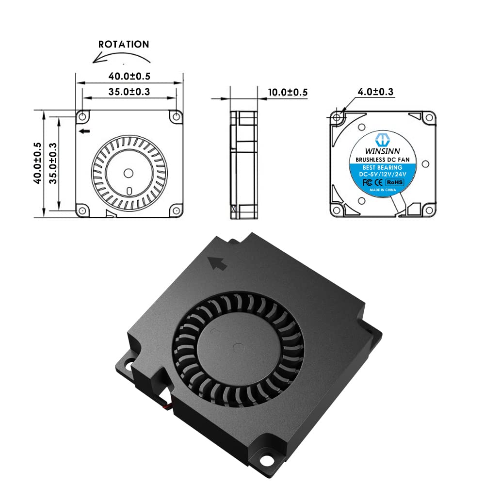 WINSINN 40mm Blower Fan 5V, 3D Printer Micro 5 Volt Fans Blower 4010 Dual Ball Bearing, with Air Guide Parts, 40mmx10mm 2PIN (Pack of 5Pcs)