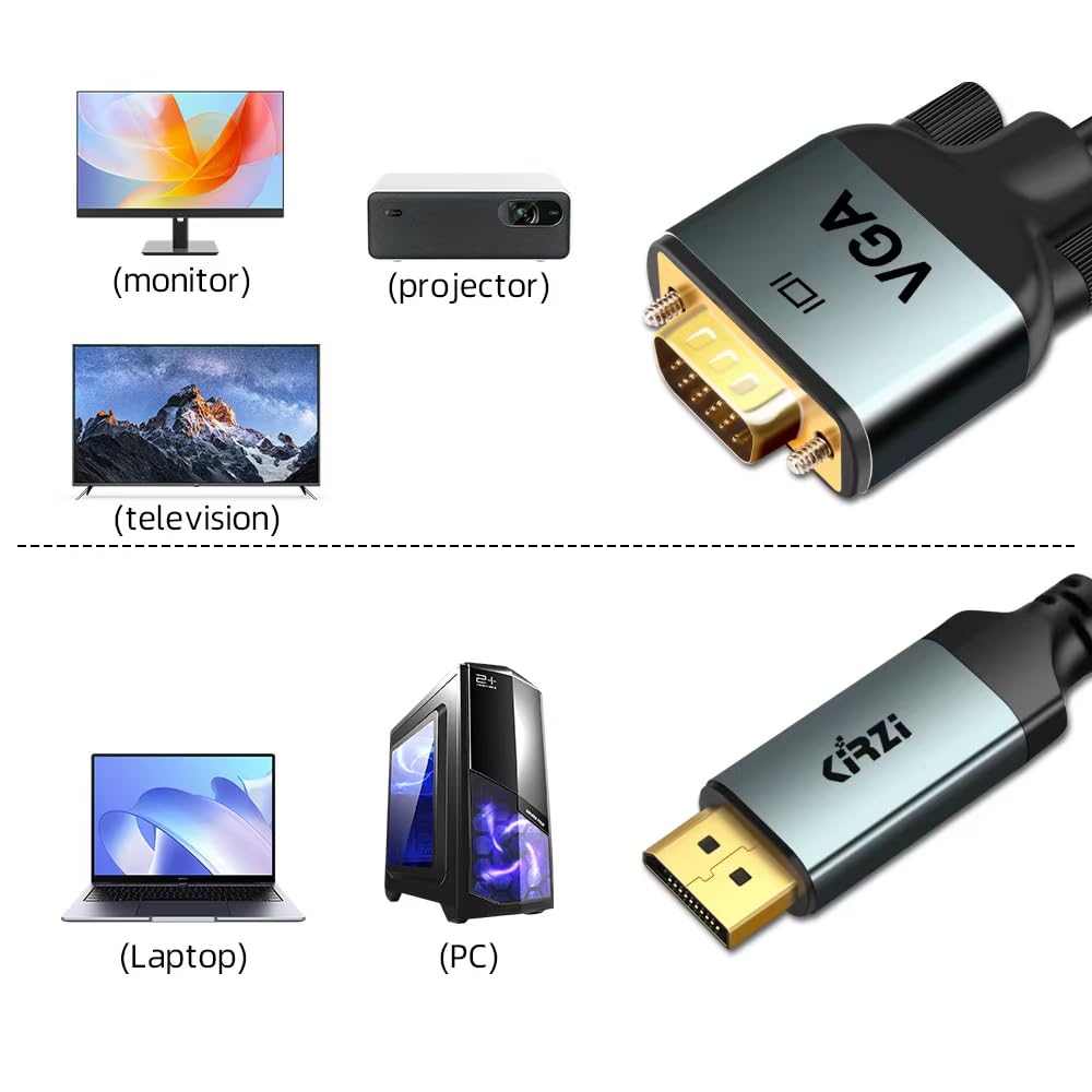 Kirzi DisplayPort to VGA Cable 3ft, 1080P@60Hz Adapter Converter, DP Male to VGA Male for Monitor Desktop Laptop