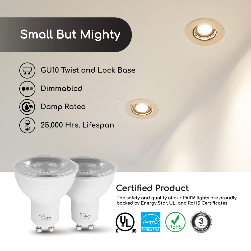 Euri Lighting EP16-7W5020eG-2 Dimmable LED PAR16, GU10 Base, 7W (50W Equal) 500lm, Warm White (2700K), 80CRI, 40° Angle, Damp Rated, UL, Energy Star