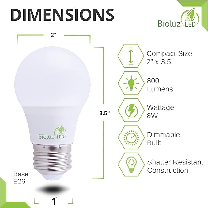 Bioluz LED 60W Equivalent A15 LED Light Bulbs, Daylight White, 8W, 4 Pack, Dimmable, E26 Base, 800 Lumens, 15000 Hours Life