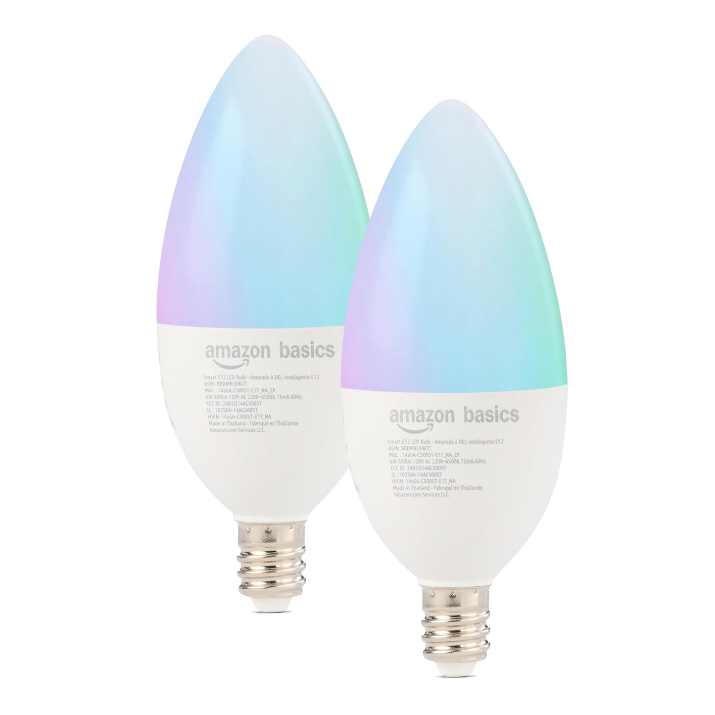 Amazon Basics Smart E12 LED Bulb, 6.0 Watts, 2.4 GHz Wi-Fi only, Works with Alexa Only, 2 Pack, Multicolor