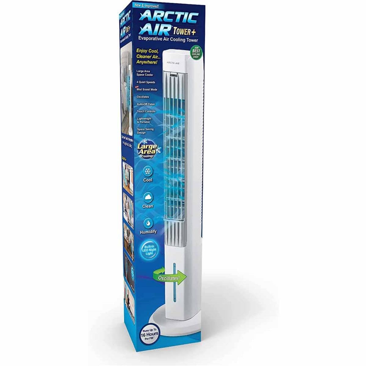 Arctic Air Tower+ Indoor Evaporative Cooler with Oscillating and Quiet Fan Function, Auto-Off Timer, 4 Fan Speeds, LED Night Light, 16-Hour Cooling