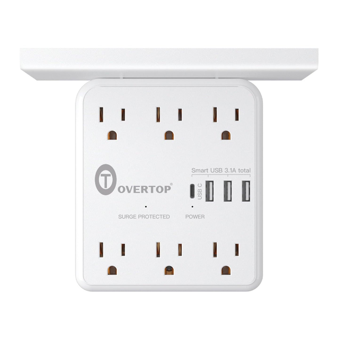 Overtop Power Charger with Shelf, Wall Outlet Extender Surge Protector with 6 AC Outlets, 4 USB Ports(1 USB C) Plug Expander Charger Shelf