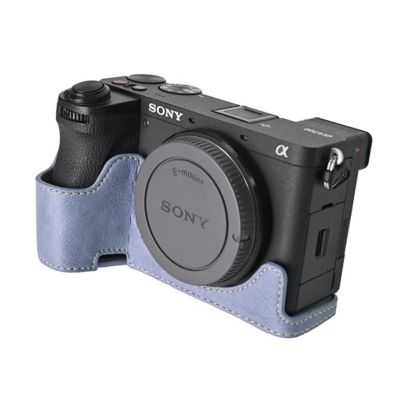 A6700 Case, BMAOLLONGB Handmade PU Leather Half Camera Case Bag Cover Bottom Opening Version for Sony Alpha A6700 with Neck Strap (Blue)