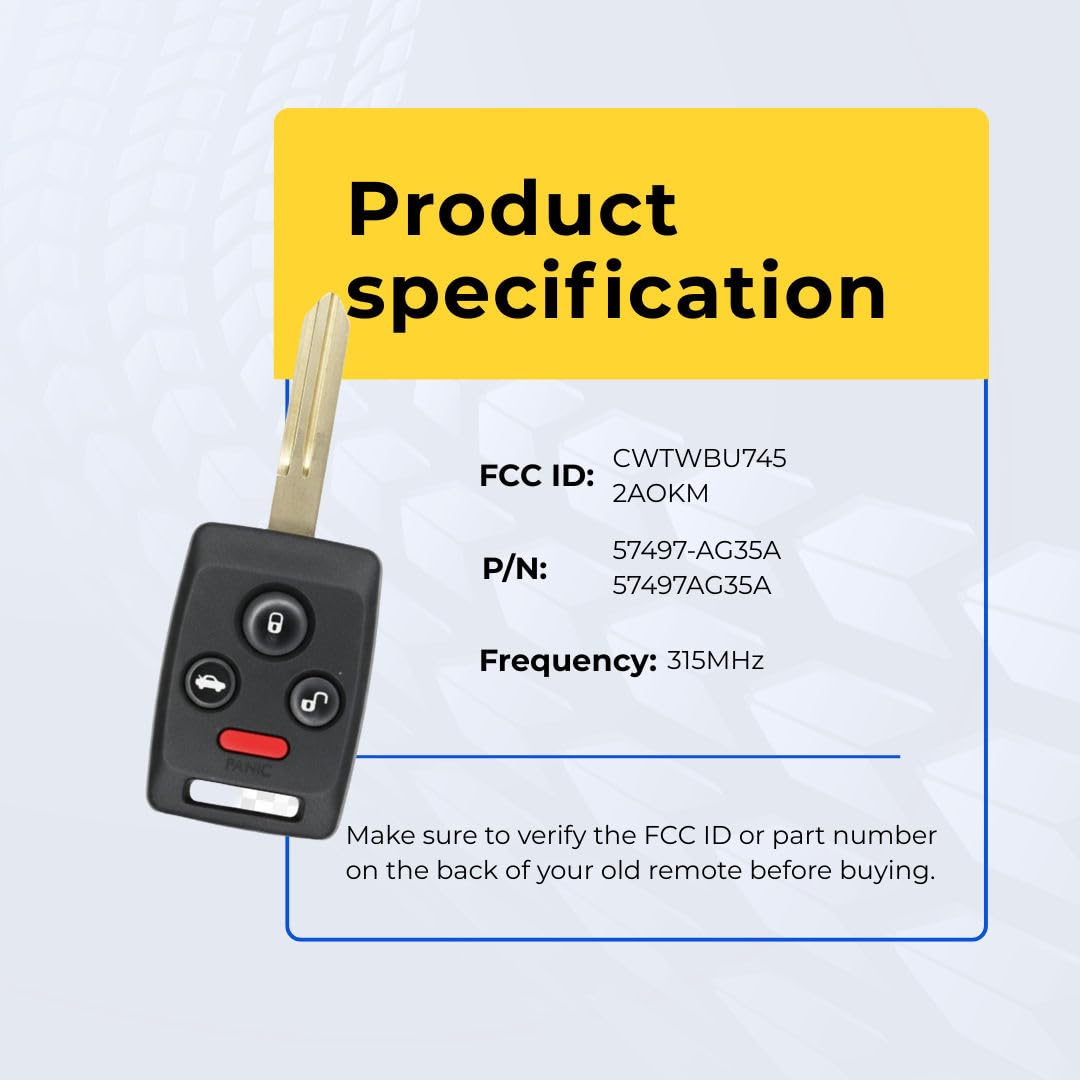 KEYS4LESS Replacement Keyless Remote Head Key Fob Compatible with Legacy 2006-2008 FCC CWTWBU745 2AOKM-SB2 Part Number 57497-AG35A 57497AG35A
