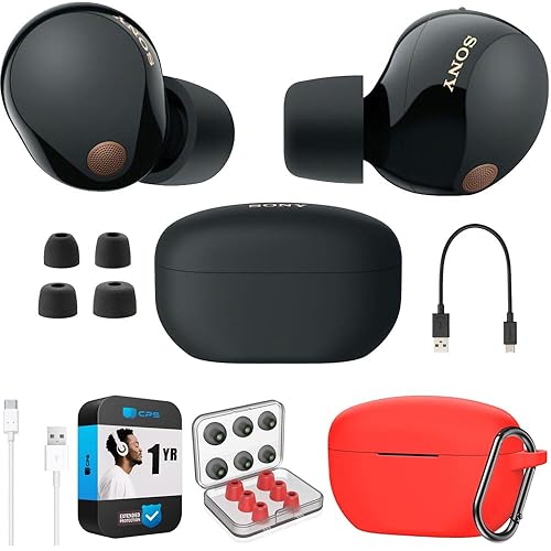 Sony WF-1000XM5 Industry Leading Noise Canceling Truly Wireless Earbuds (Black) Bundle with Silicone Case (Red), Memory Foam Ear Tips, USB-A to USB-C…