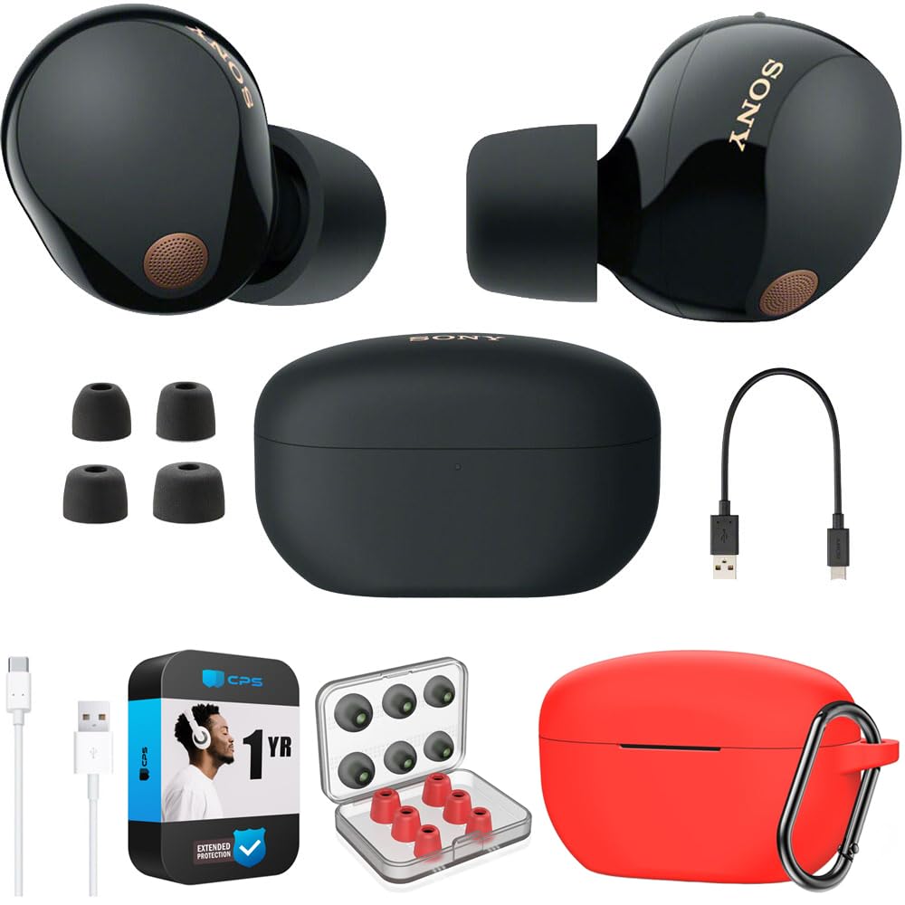 Sony WF-1000XM5 Industry Leading Noise Canceling Truly Wireless Earbuds (Black) Bundle with Silicone Case (Red), Memory Foam Ear Tips, USB-A to USB-C…