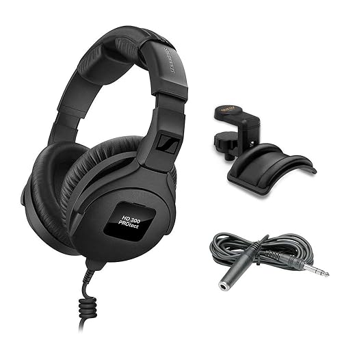 Sennheiser HD 300 Pro Headphones, Black with Headphone Holder & Stereo 1/4" Male Phone TRS Headphone Extension Cable 10'