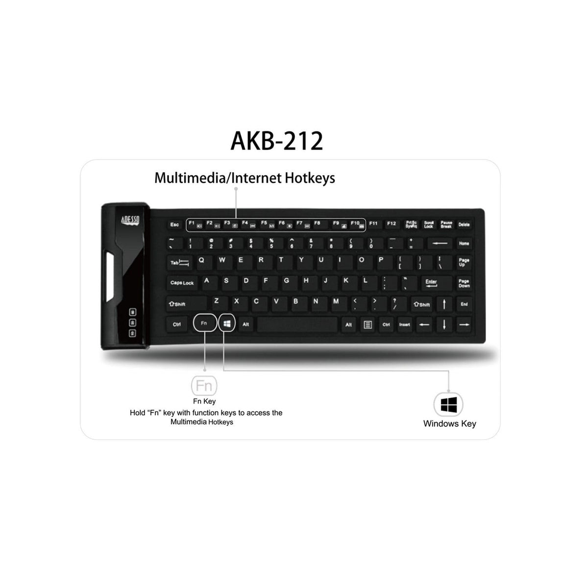 Adesso AKB-212UB Silicone Waterproof Flex Keyboard Mini Size 87 Keys Black