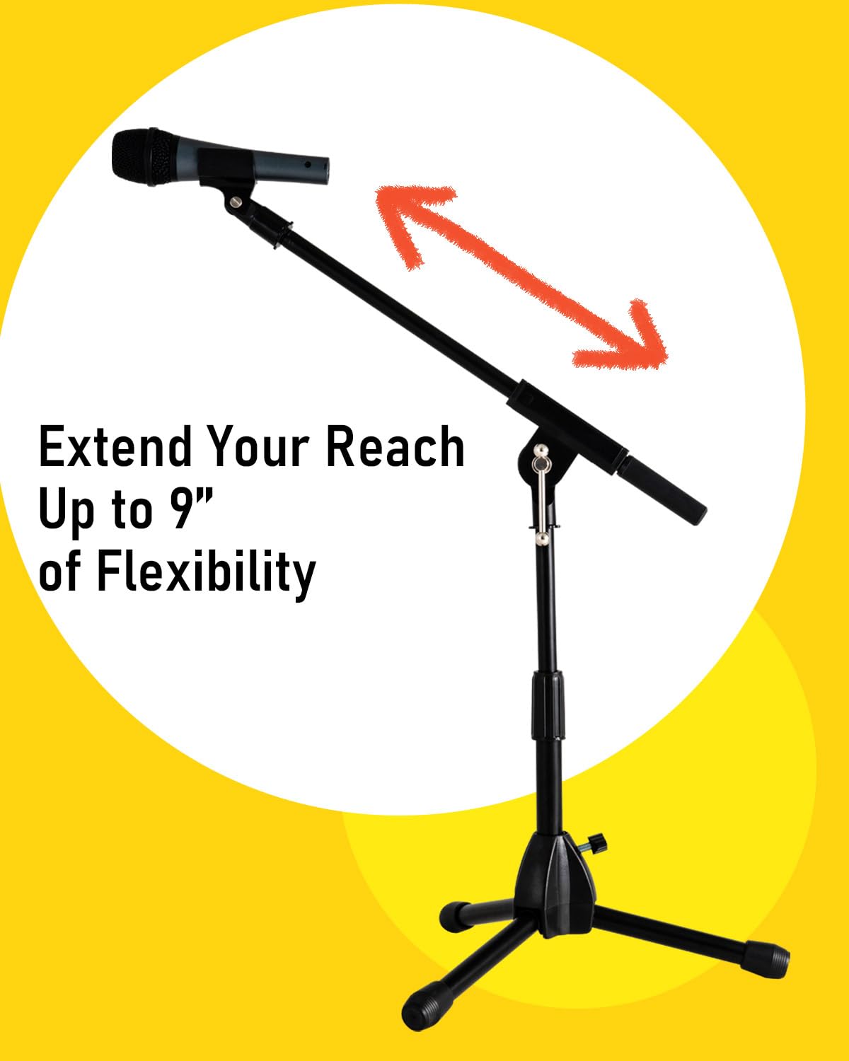 Stage Rocker Foldable Tripod Low-Profile Mic Boom Stand - Height Extending from 9.6'' to 16.9'', w/Adjustable Telescoping Arm Up to 9''