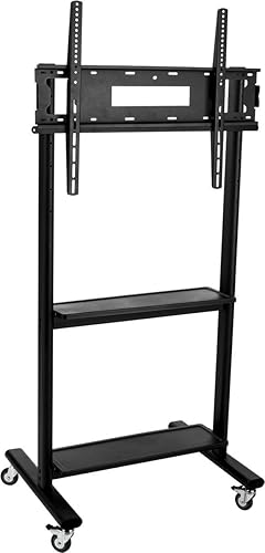 TV Stand with Wheels for 32" to 80" Flat Screen Monitors, Height Adjustable with 2 Shelves & Locking Wheels, Steel (Black)