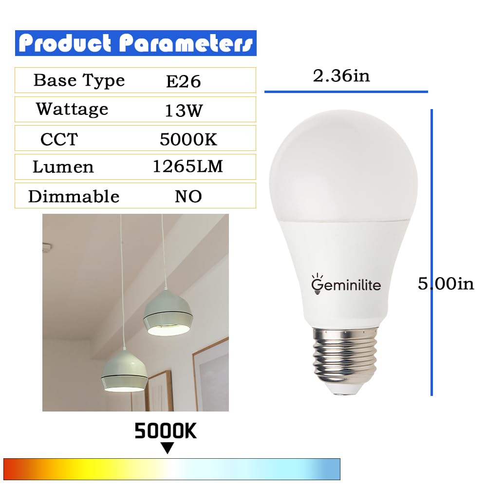 Geminilite 100W Equivalent A19 LED Light Bulbs, 5000K Daylight White, 6Pack