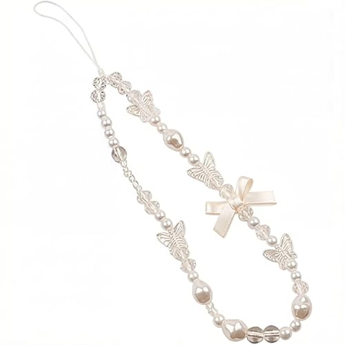 Essivox White Pearl Phone Lanyard, Universal Mobile Chain with Bow, Beaded Wrist Strap, Anti-Lost Charm Keychain