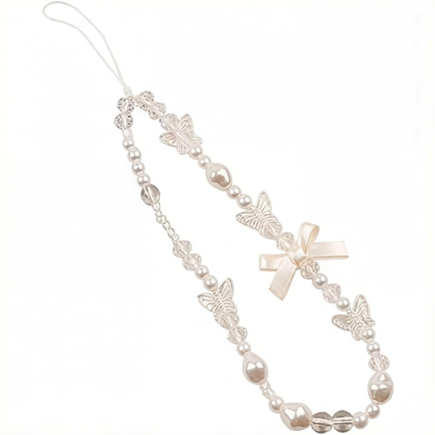 Essivox White Pearl Phone Lanyard, Universal Mobile Chain with Bow, Beaded Wrist Strap, Anti-Lost Charm Keychain