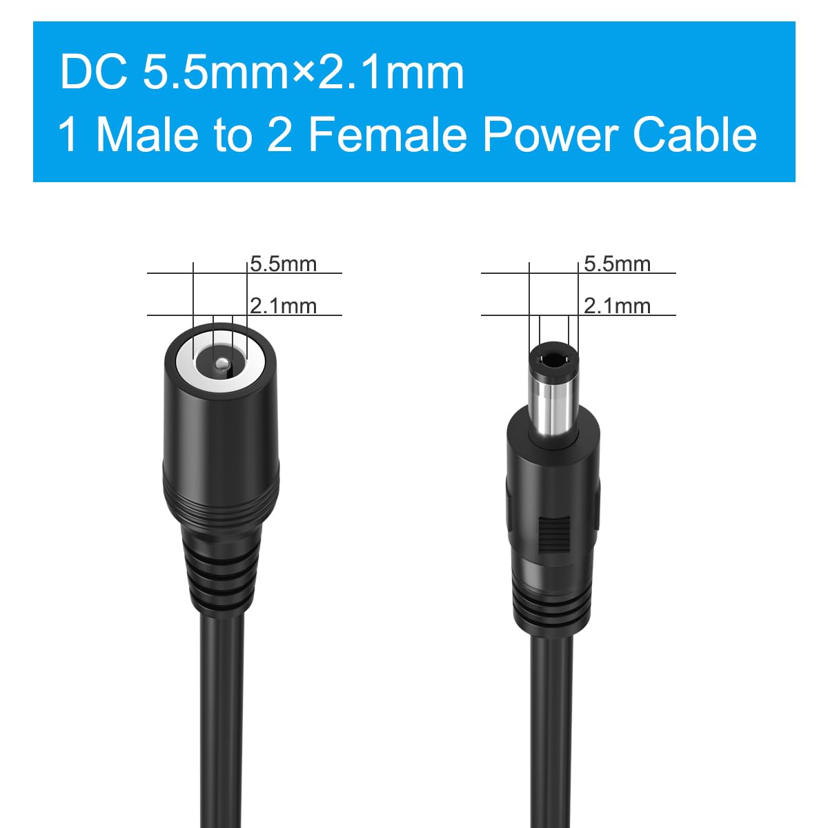 SIOCEN 2 Pack 1 Male to 2 Female Cord 5.5mm x 2.1mm,DC Power Splitter Cable for CCTV Security Cameras,Y Splitter Adapter Wire,2 Way Y-Cable