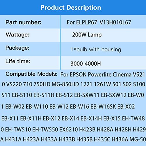 LBTbate ELPLP67 V13H010L67 Replacement Projector Lamp for EPSON PowerLite Home Cinema 710 750HD EX7210 EX3210 EX3212 EX5210 H429A VS210 VS220 MG-850HD