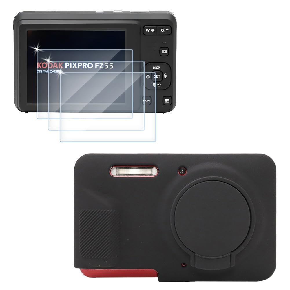 HUADU Screen Protector (3+1Pack) Compatible for Kodak PIXPRO FZ55 Digital Camera,Tempered Glass Film Anti-Scratch High Definition and Soft Silicone