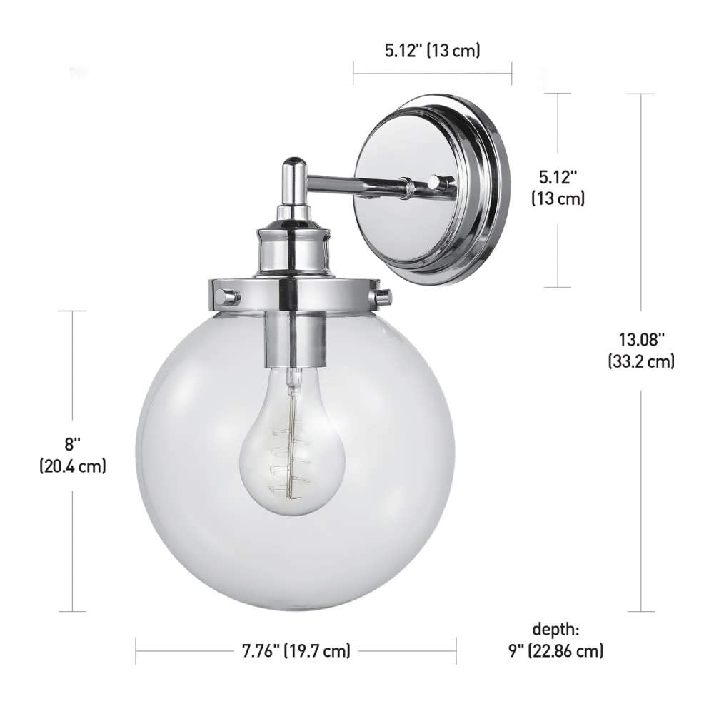 Globe Electric 51477 Milan 1-Light Wall Sconce Vanity Light, Chrome, Clear Glass Shade, Vintage Edison Incandescent Bulb Included