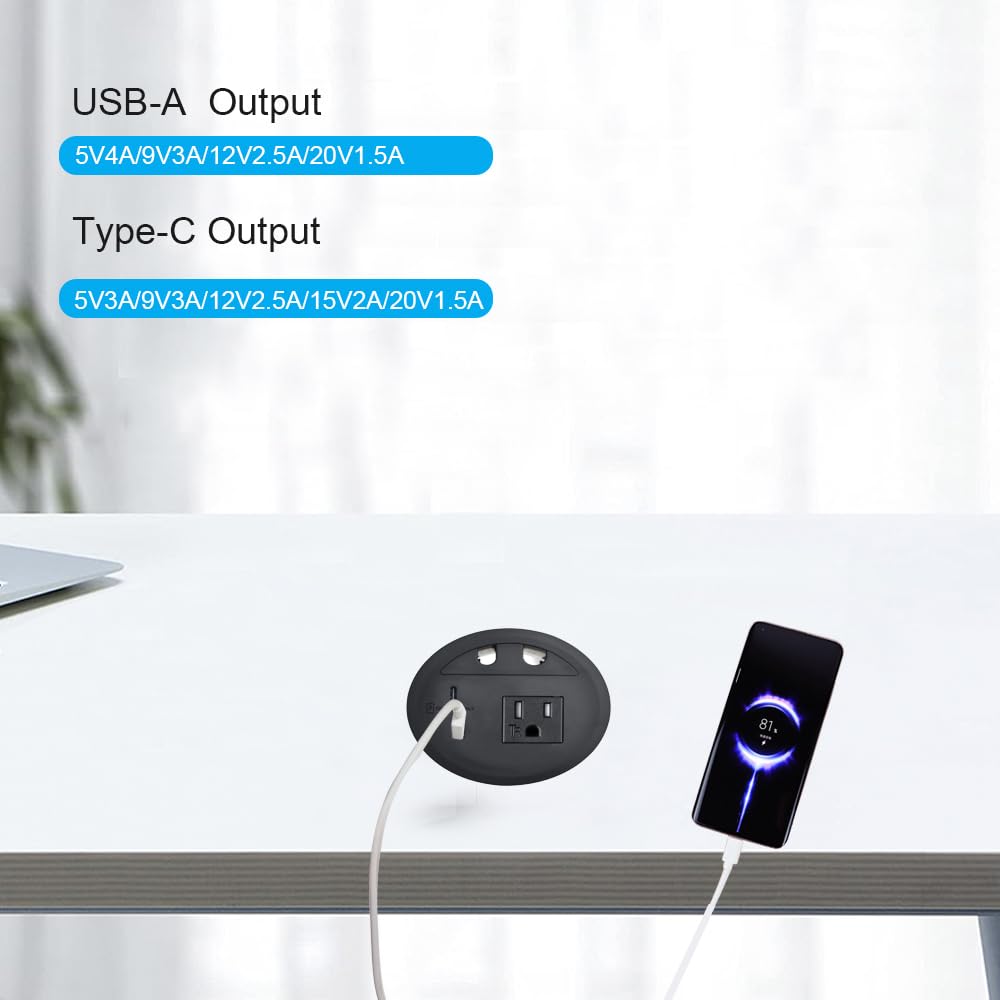 Desktop Power Grommet with 33W USB-A+C Fast Charge & AC Outlet | 4.5FT Cord Recessed Power Outlet for Conference Rooms, Office Tables, Furniture