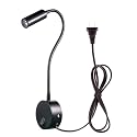 WeFoonLo 3W Wall Mounted Reading Light Flexible Gooseneck LED Sconce Lamp with Plug & Switch for Bedroom, Office, Workbench, Studio (01 Black Warm)
