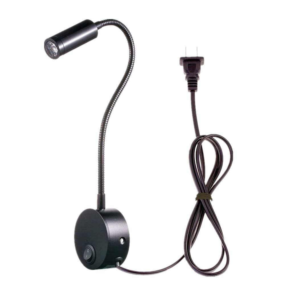 WeFoonLo 3W Wall Mounted Reading Light Flexible Gooseneck LED Sconce Lamp with Plug & Switch for Bedroom, Office, Workbench, Studio (01 Black Warm)