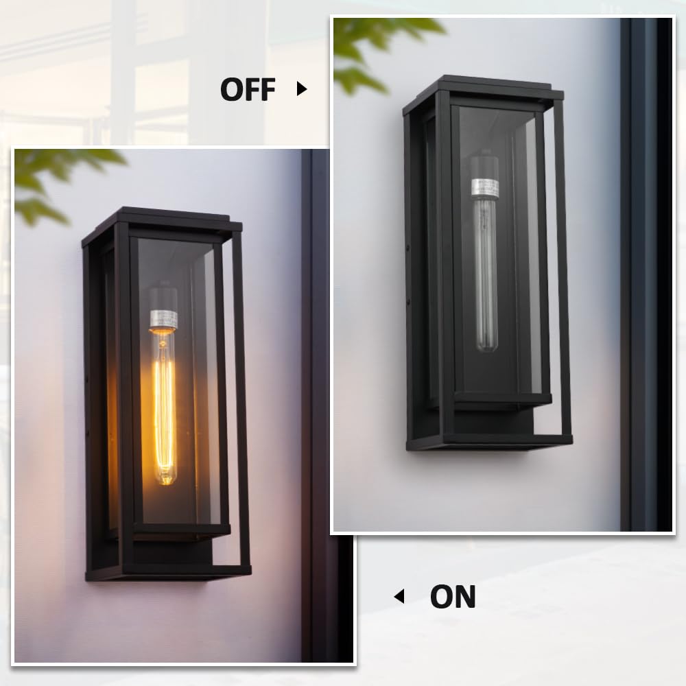 Cerdeco 18” Modern Outdoor Wall Sconce with Rectangular Metal Frame and Transparent Glass Shade,Black Outdoor Lighting for Garage Porch Patio Pack