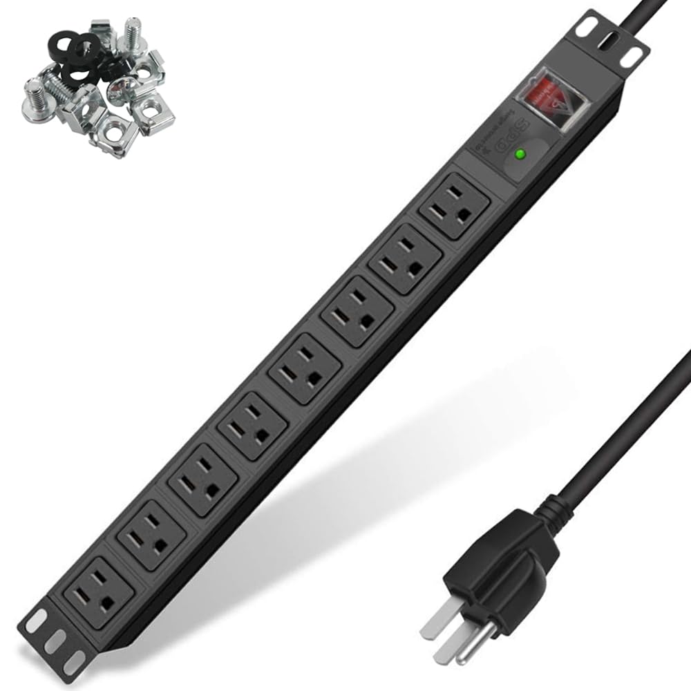 Surge Protector Power Strip 1U Rack Mount PDU,8 Wide-Spaced Outlet Extender, Mountable Heavy-Duty Electric 5.9 ft Extension Cord Strip for Server