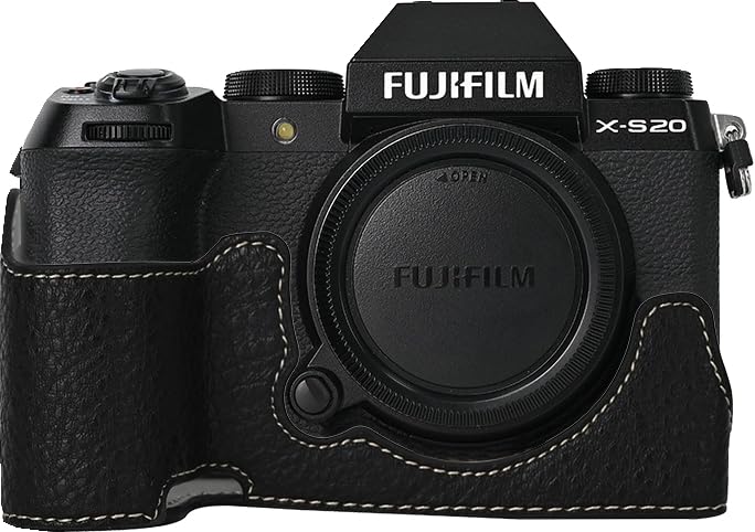 X-S20 Case, BMAOLLONGB Handmade PU Leather Half Camera Case Bag Cover Bottom Opening Version for Fujifilm X-S20 XS20 with Hand Strap (Black)