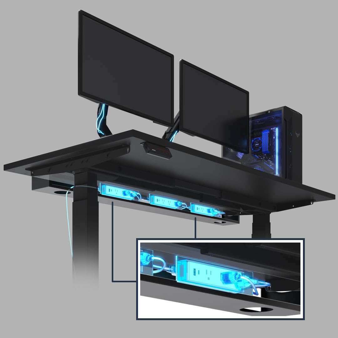 Desky 6 Plugs Power Rail - Thermal Overload Protection Desk Power Strip with USB Ports, Mountable Under Desk Cable Organizer - Matte Black