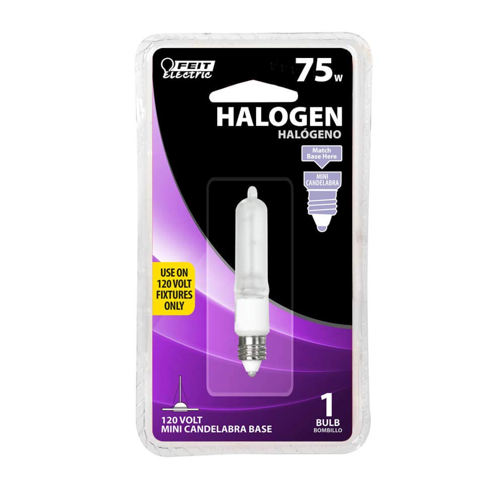 Feit Electric 75W T4 Halogen Light Bulb, Mini Candelabra Base, 3000K Warm White, 1050 Lumens, Dimmable Specialty Bulb for Decorative Fixtures