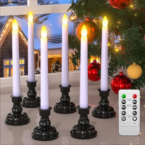 PChero LED Taper Candles with Remote Timers, 6 Pack Flameless Battery Operated Flickering Window Candles with Candlestick Holders for Thanksgiving