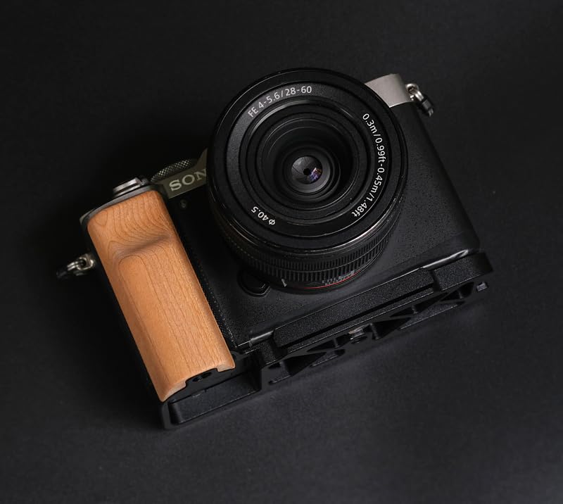 QR L Handle Hand Grip Wood Handle + Alloy Baseplate for Sony A7C Camera Holder (Cherrywood + Black Alloy Baseplate)