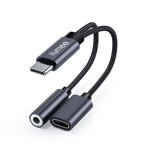 Xumee USB Type C to 3.5mm Headphone and Charger Adapter, 2-in-1 USB C to Aux Audio Jack Hi-Res DAC and Fast Charging Dongle Cable Compatible