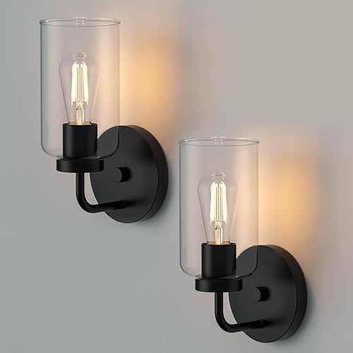 Zevluck Wall Sconces Set of 2, Modern Wall Light Fixtures with Clear Glass Shade, Matte Black Bathroom Vanity Light, Hardwired Vanity Wall Lamps