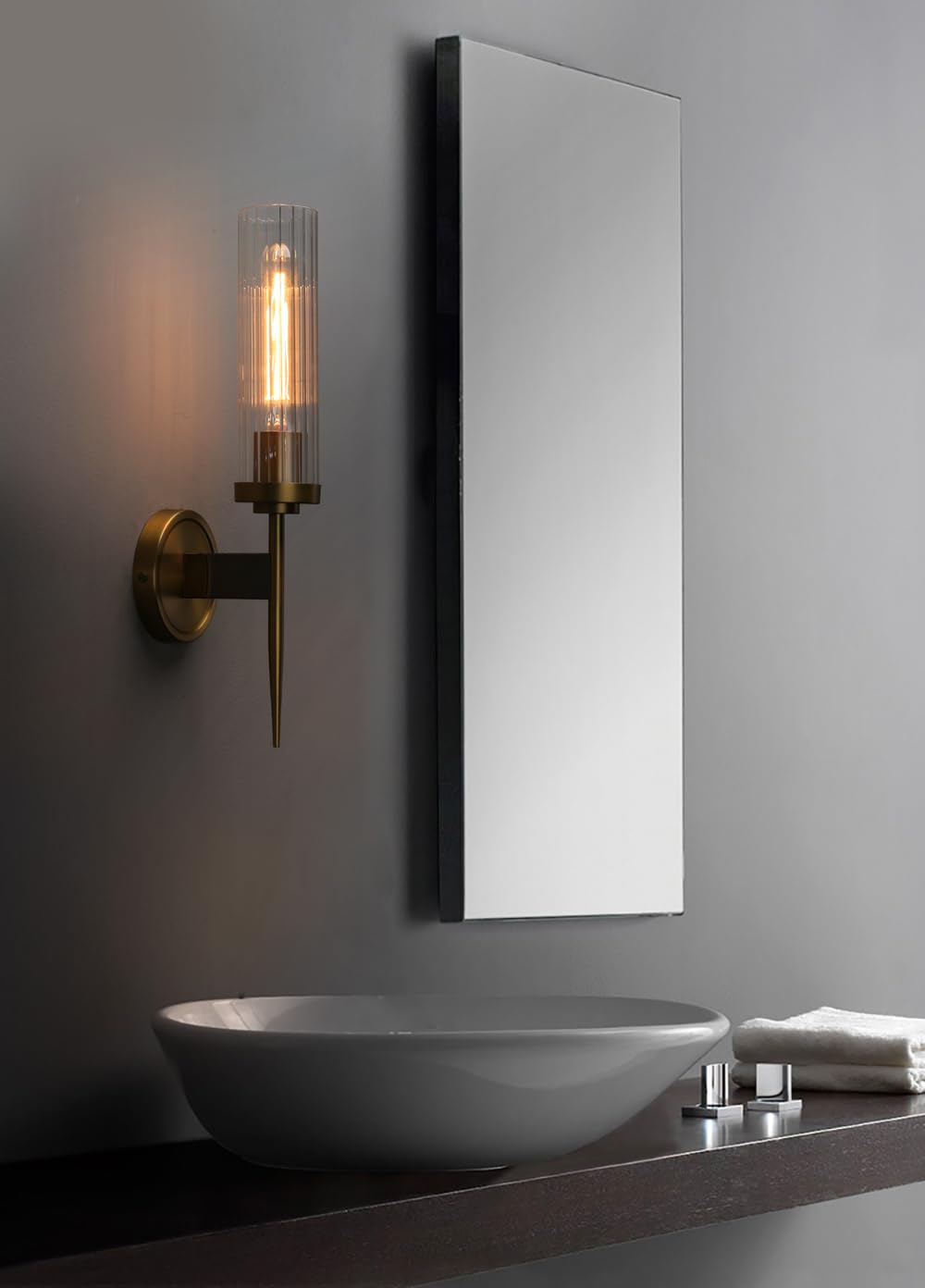Phansthy Bathroom Vanity Light Antique Brass 1-Light Wall Sconce with 2.8 Inches Diameter Cylinder Ribbed Clear Glass Canopy (One-Light)