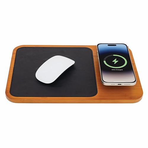 Oliver Gray Mousepad with Wireless Charger - 3-in-1 Wooden Wireless Charging Station & Phone Holder, Premium Vegan Leather Desk Charger Mat