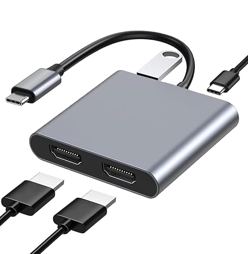 JUEJUEZI 4-in-1 USB C to Dual HDMI Adapter, USB C Multi Port Adapter with 2 HDMI 4K Ports, USB3.0, PD 100W, C-Type to 2 HD Splitter, Suitable
